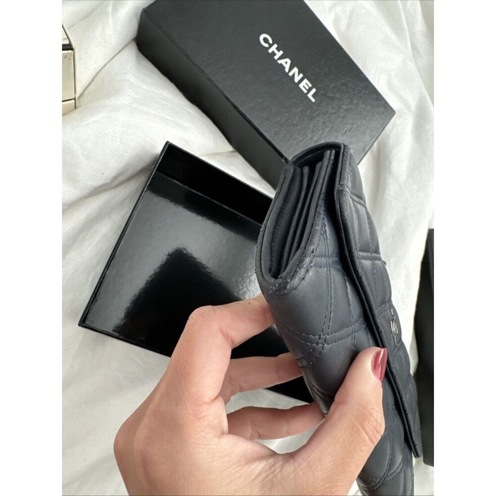 CHANEL Logo Navy Silver Toe Double Stitch Long Wallet W/box - Picture 7 of 16